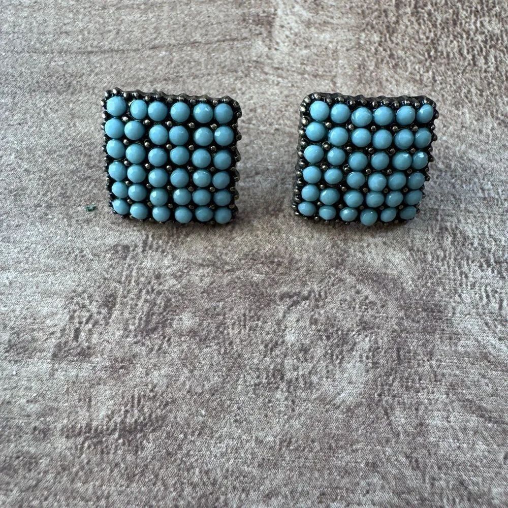 Turquoise Blue Bead Square Post Back Earrings Antique Tone Costume Southwestern